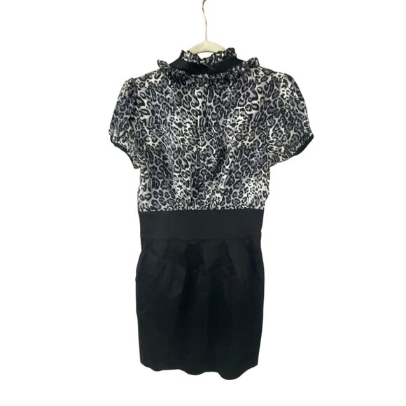 Bebe Women's Black Leopard Print Mini Dress Ruffle Collar Artsy Retro Whimsygoth - Picture 2 of 7